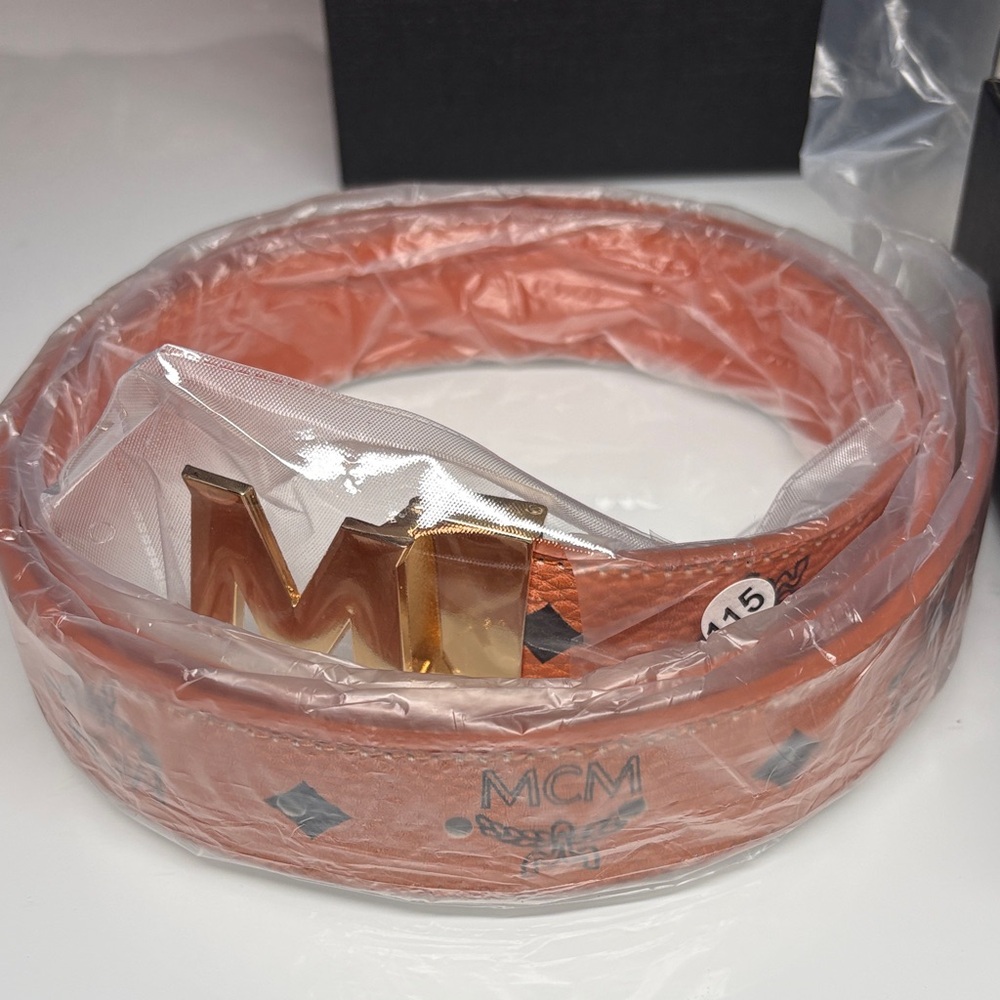 MCM Brown Leather Adjustable Belt with Gold M Buckle